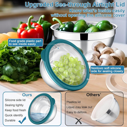 E-far Mixing Bowls Set of 5, Stainless Steel Salad Mixing Bowl with Transparent Lid, Metal Nesting Bowl Attach with 3 Graters for Kitchen Prepping/Serving/Baking/Storage, 4.6/2.6/1.5/1/0.7 QT - Black