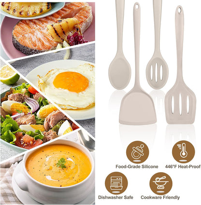 TeamFar Silicone Cooking Utensils, 4pcs Kitchen Utensils Set with Silicone Spatulas & Spoons, Heat-Resistant Solid & Slotted Cooking Spoons Turners for Non-stick Cookware, Dishwasher Safe, Black
