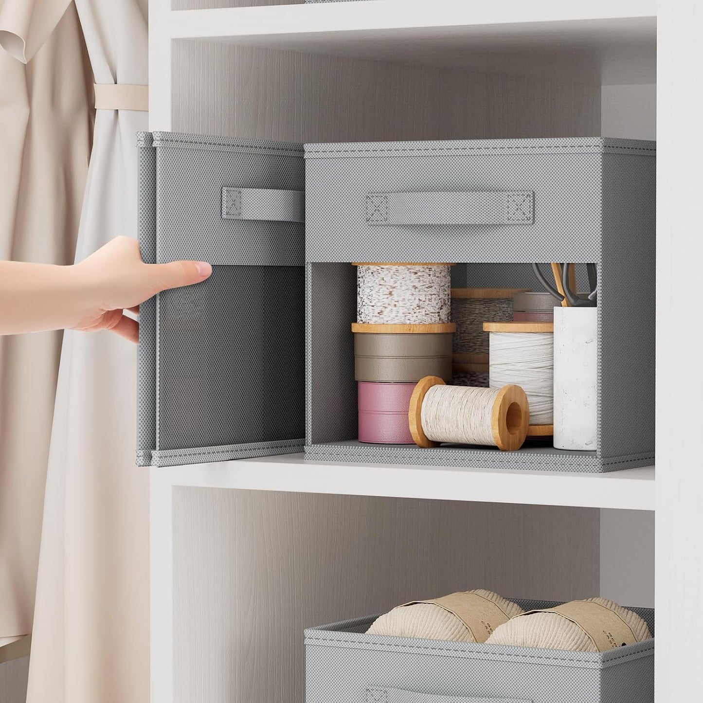 DIMJ Storage Cubes, 11x 11 inch Cube Storage Bin, 6 Pack Closet organizers and storage Bins with Window, Collapsible Baskets with Handle for Shelves, Clothes, Toys, Books (Grey)