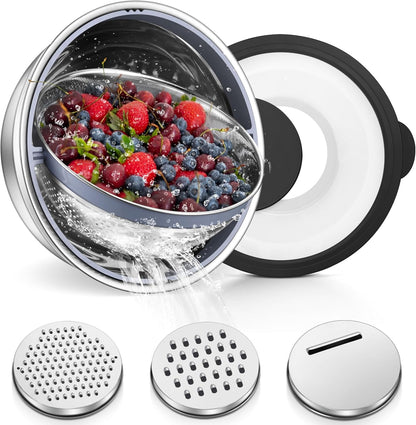 TeamFar 4-1 Colander with Bowl Set, Rotatable Colander for Kitchen, Stainless Steel Food Strainers and Colanders Mixing Bowl with Graters, for Veggies Fruits Washing, Pasta Straining - Khaki