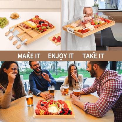 CAWIU Portable Travel Charcuterie Board with Lid and Handle - Large Bamboo Cheese Board with 4 Cheese Knife Set for Outdoor, Picnics - Weddings, House Warming Gift for Women (1 Compartment, White)