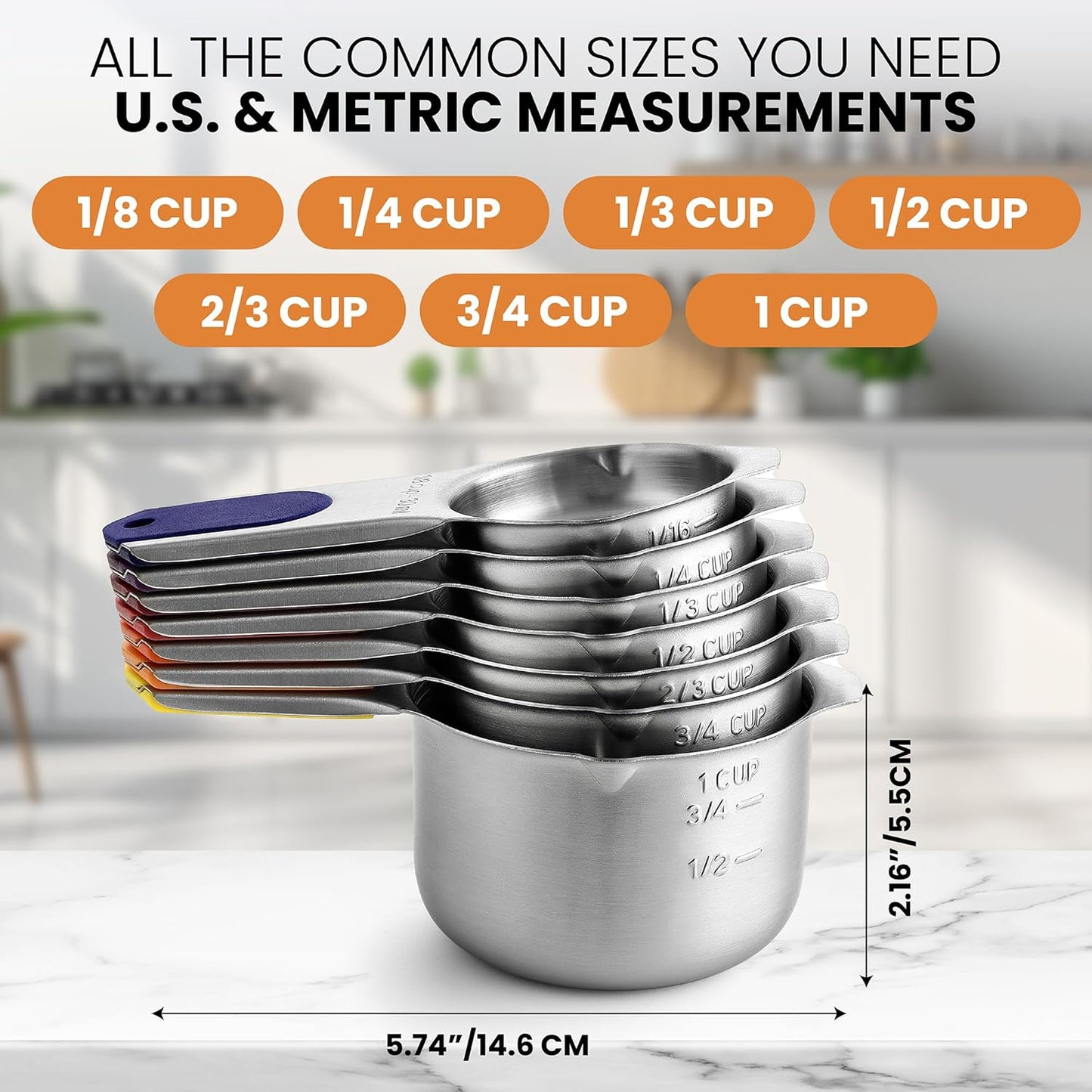 Spring Chef Stainless Steel Measuring Cups Set of 7 with Pour Spout - Nesting Kitchen Tools with Easy Read Markings to Measure Dry or Liquid Ingredients - Metal Measuring Cups for Baking & Cooking