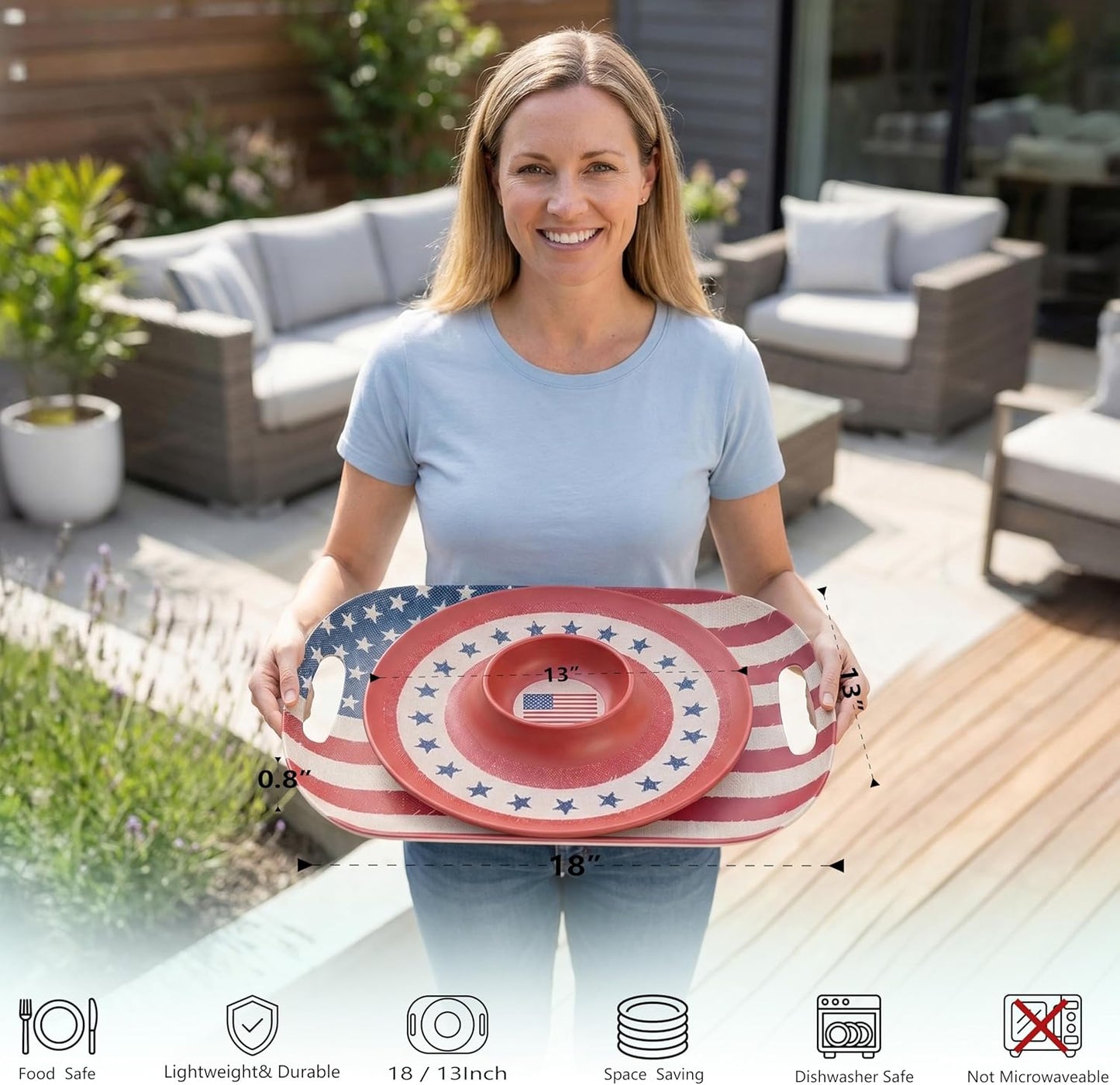Kingen American flag Patriotic theme party supplies, 18'' Rectangle and 13'' Round Set of 2 Extra-Large Bamboo Serving Trays, Independence Day, Reusable and Dishwasher Safe