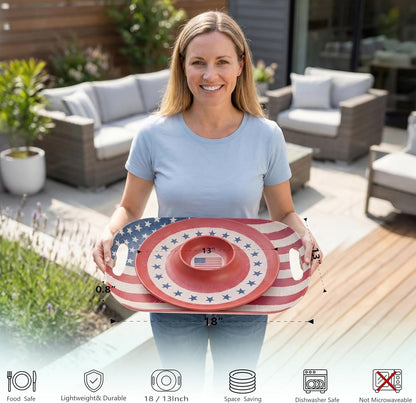 Kingen American flag Patriotic theme party supplies, 18'' Rectangle and 13'' Round Set of 2 Extra-Large Bamboo Serving Trays, Independence Day, Reusable and Dishwasher Safe