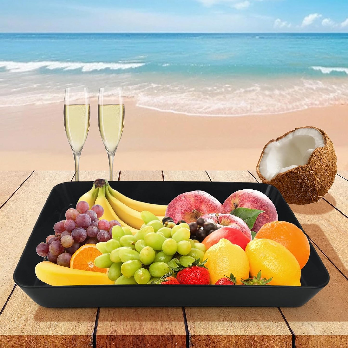 greenandlife 4 pcs 16" x 11" Large Serving Trays for Party Supplies, Plastic Platters for Serving Food, Unbreakable Reusable Trays for Snack, Fruit, Cookies, Desserts in Kitchen, BPA Free, Black