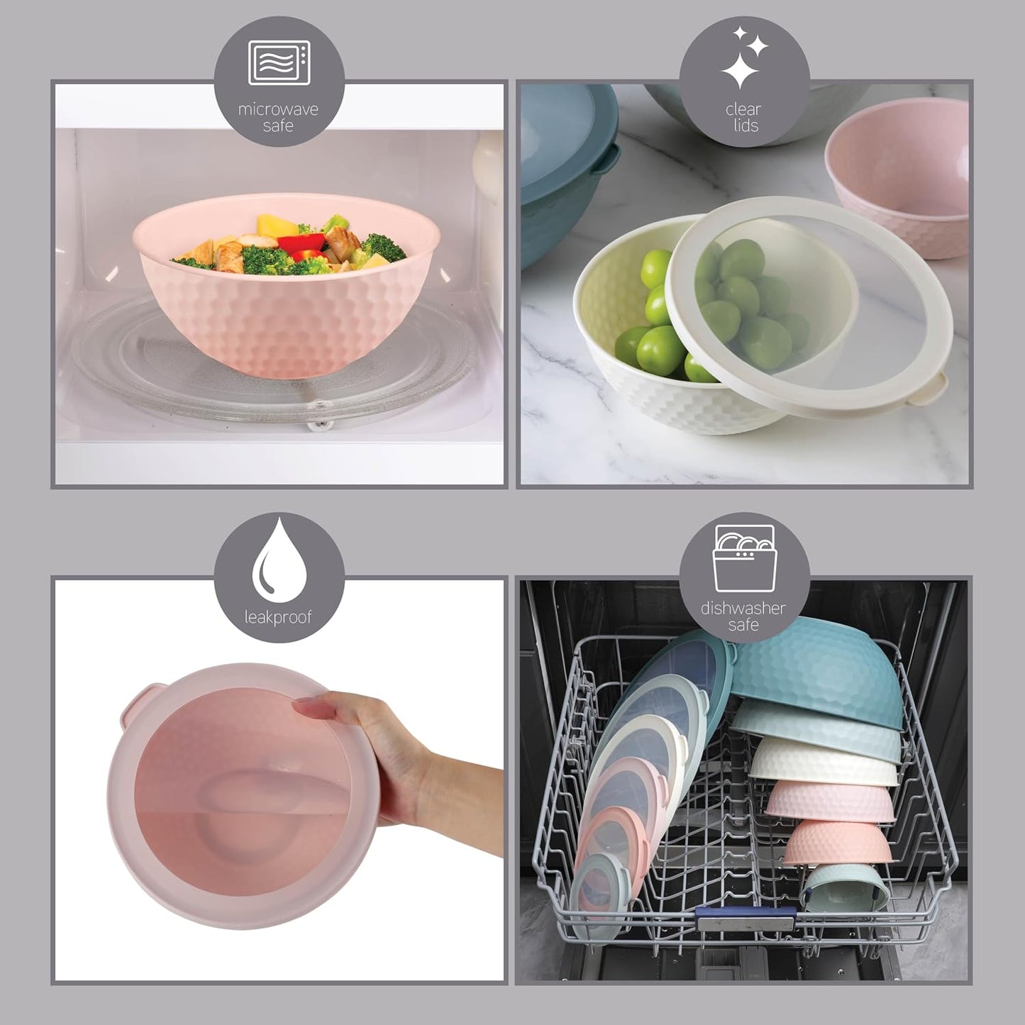 COOK WITH COLOR Mixing Bowls with Lids - 12 Piece Plastic Nesting Bowls Set includes 6 Prep Bowls and 6 Lids, Microwave Safe Mixing Bowl Set, Pink Embossed - Colors A