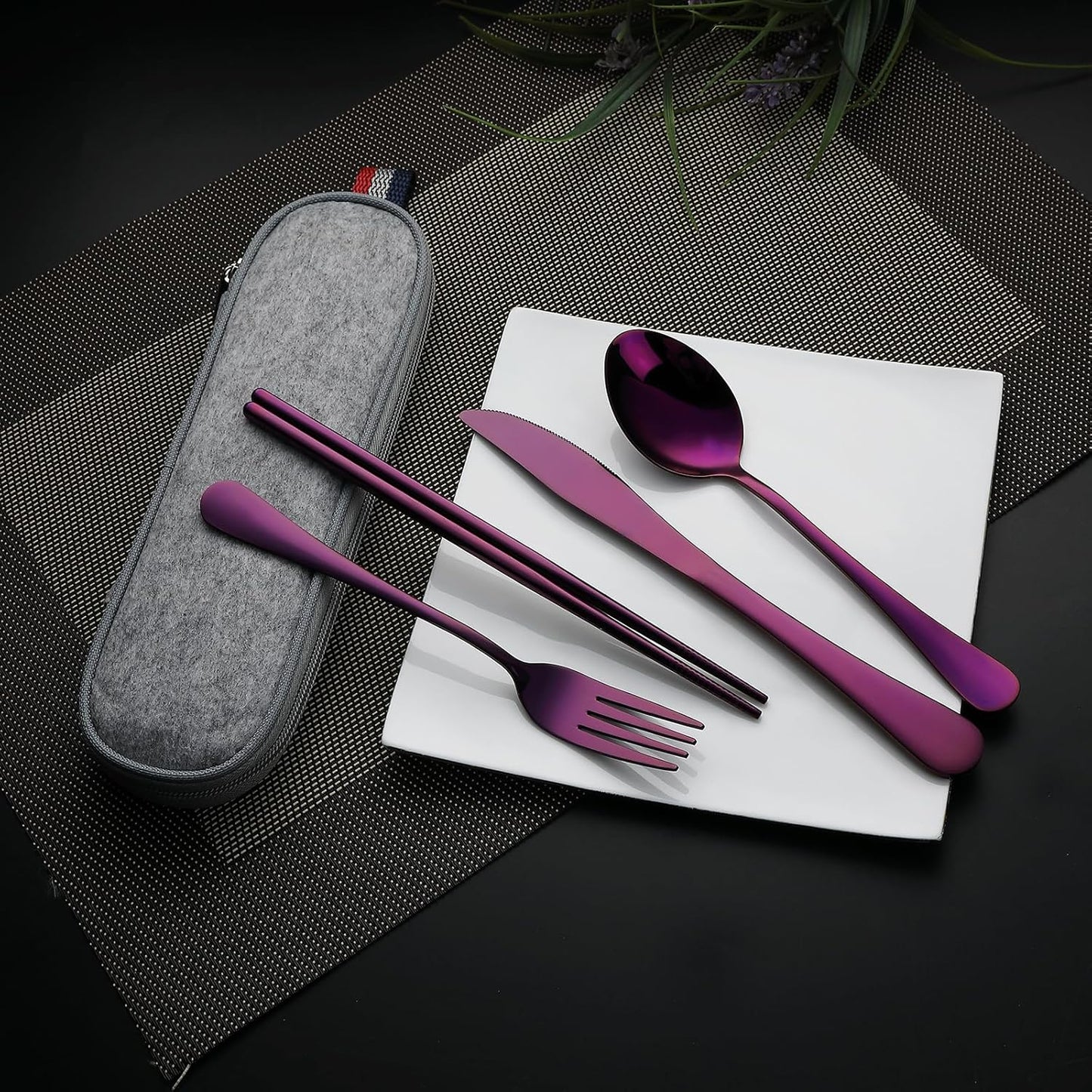 DEVICO Camping Utensils, Full-Size Reusable Silverware for Lunch Adult, Stainless Steel Travel Cutlery Set with Case, Portable Fork Spoon Knife Set for Work, Flatware with Chopsticks (Rainbow)