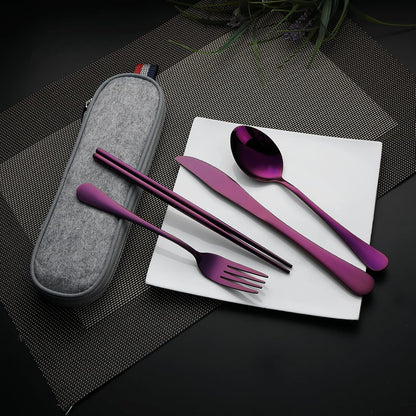 DEVICO Camping Utensils, Full-Size Reusable Silverware for Lunch Adult, Stainless Steel Travel Cutlery Set with Case, Portable Fork Spoon Knife Set for Work, Flatware with Chopsticks (Rainbow)
