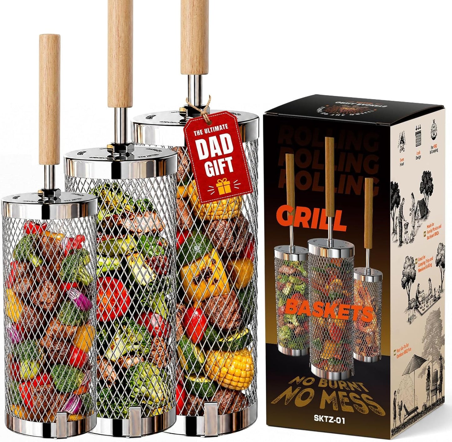 Rolling Grill Basket 2-Pack,304 Stainless Steel Grill Basket with Removable Wooden Handle,BBQ Tool & Smoker Accessory for Grill Rotisseries Veg & Shrimp,Ideal for Outdoor Cooking,Camping & Gifts for Dad/Husband/Men