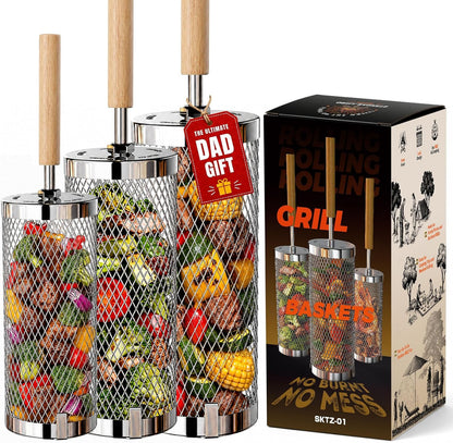 Rolling Grill Basket 2-Pack,304 Stainless Steel Grill Basket with Removable Wooden Handle,BBQ Tool & Smoker Accessory for Grill Rotisseries Veg & Shrimp,Ideal for Outdoor Cooking,Camping & Gifts for Dad/Husband/Men