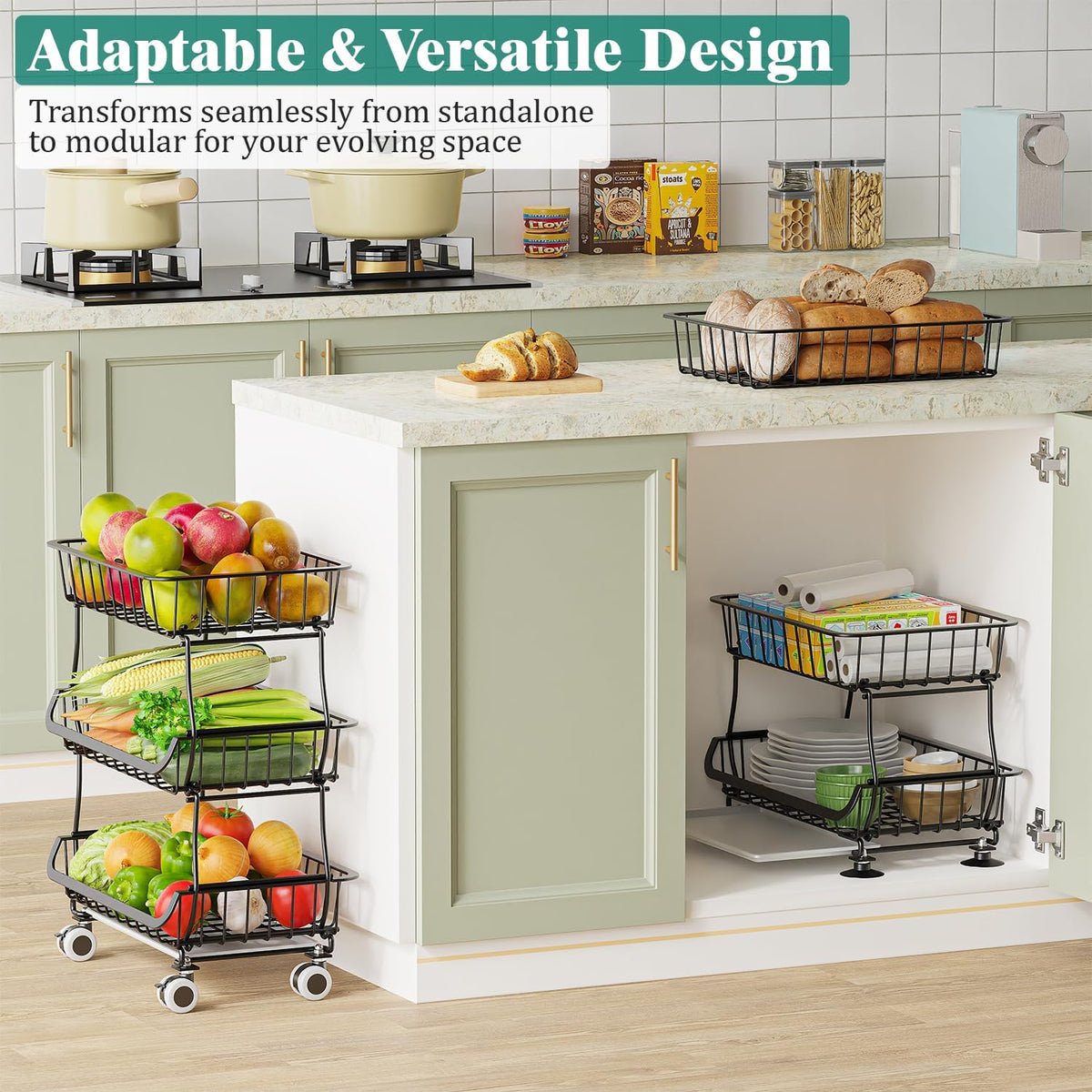 Giwil 3-Tier Rolling Pantry Organizers with Wheels, Stackable Wire Basket for Kitchen Pantry Shelves, Vegetable Storage Rack Pantry Cart for Snack Fruit Onion Potato, Black