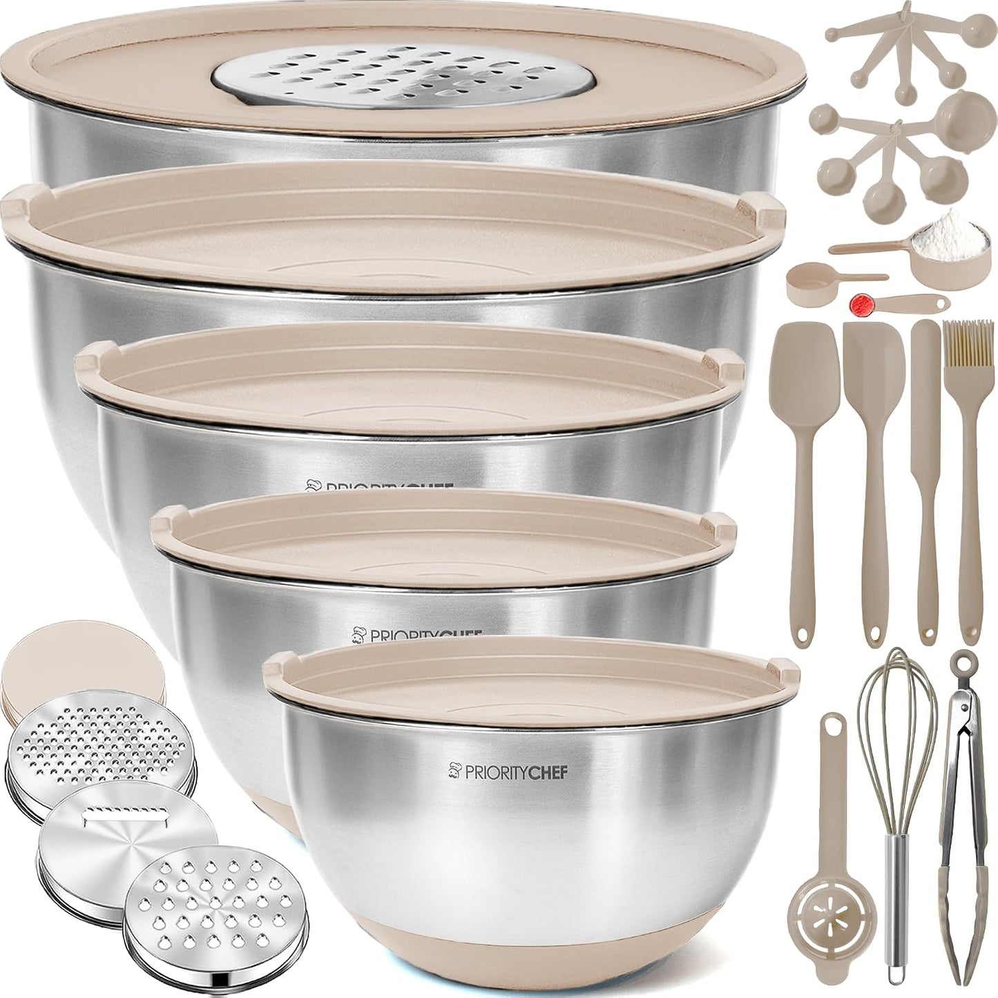 Priority Chef Stainless Steel Mixing Bowls with Lids Set, Metal Nesting Bowls with Airtight Lids, Graters, Non-Slip Base & Measurement Marks, Includes Utensil Set for Prep, Baking & Storage, Black