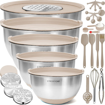 Priority Chef Stainless Steel Mixing Bowls with Lids Set, Metal Nesting Bowls with Airtight Lids, Graters, Non-Slip Base & Measurement Marks, Includes Utensil Set for Prep, Baking & Storage, Black