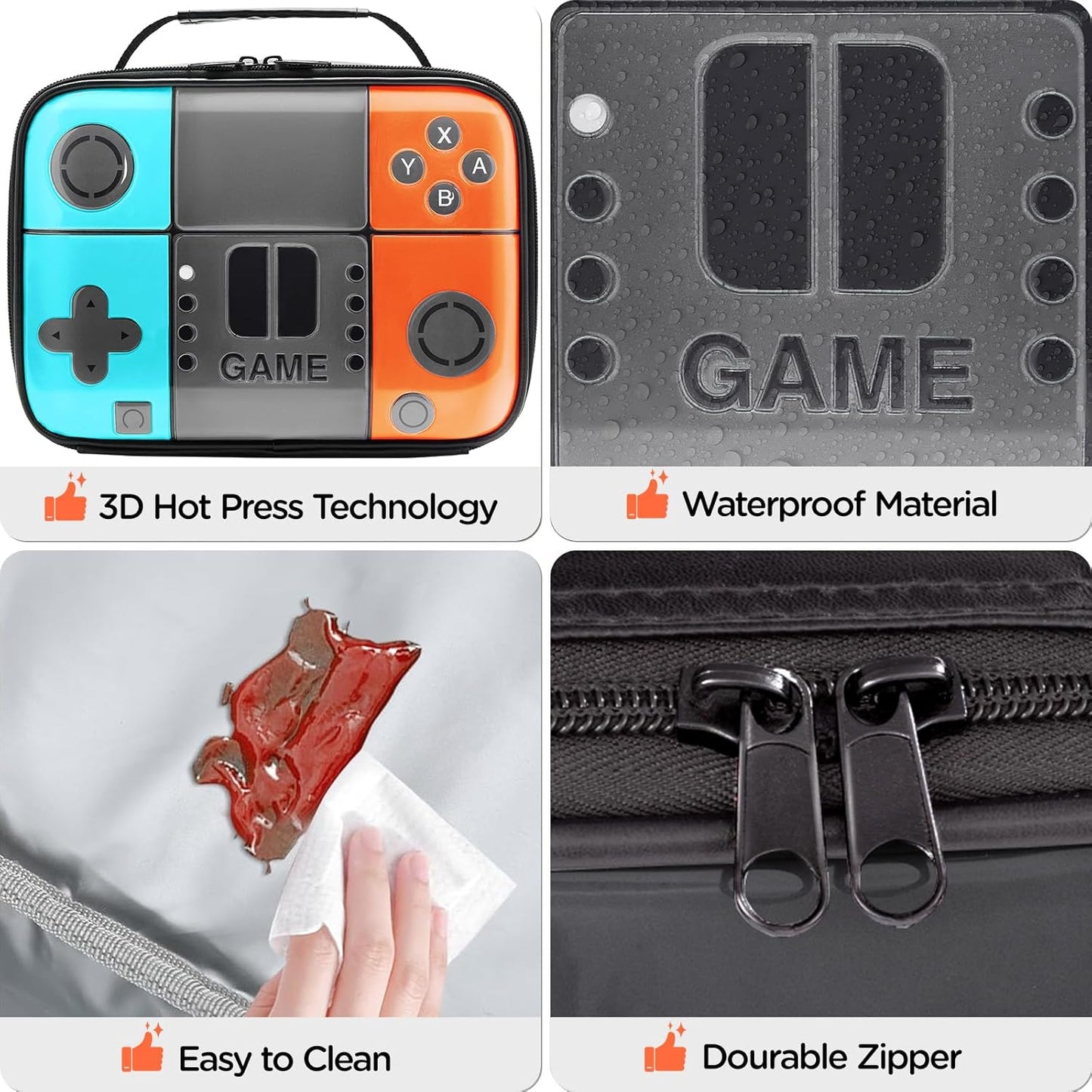 Kids Gamer Lunch Box for Boys, Game Console Insulated Lunch Bag, PU Leather Waterproof Lunchbox with Mesh Pocket, Durable Leakproof Lunch Tote Fits Bento Box for School