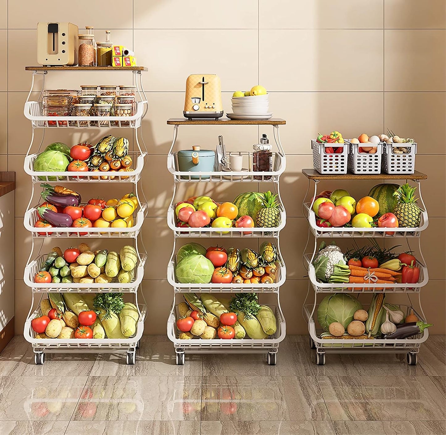 MURRI&MURRDI Fruit Vegetable Storage Basket with Wooden Lid, 6 Tier Stackable Wire Kitchen Cart with Wheels, Tall Produce Snack Racks Display, Narrow Rolling Cart for Pantry Onion Potato, Black