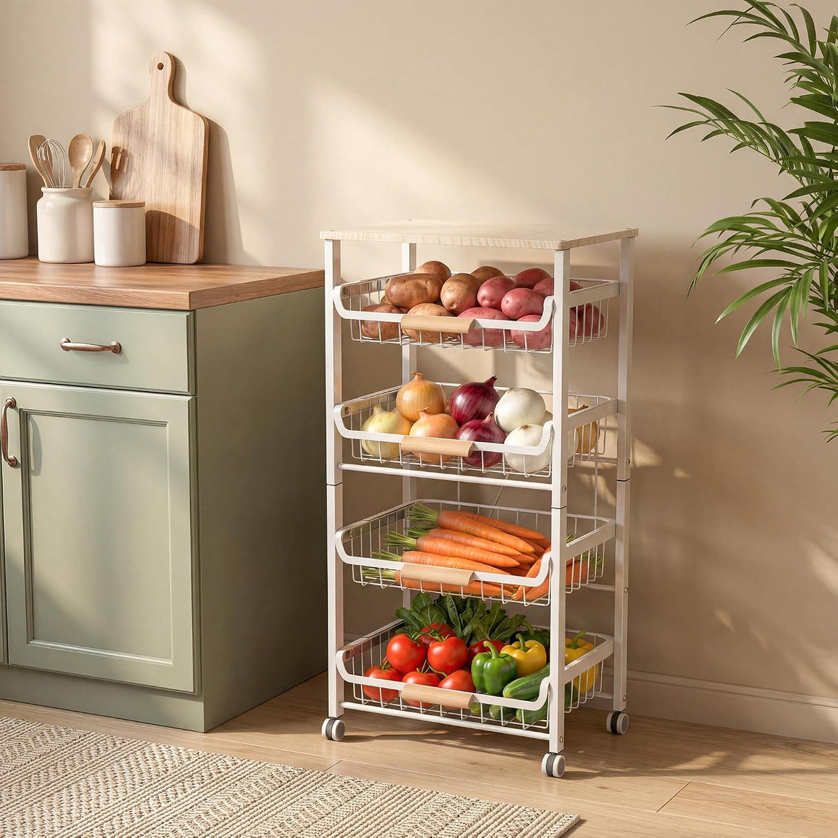 JAQ Slide Out Fruit Vegetable Basket for Kitchen, 4-Tier Rolling Storage Cart with Wooden Handle & Top, Metal Wire Produce Rack for Pantry Organization, Onion Potato Storage Bins for Small Space,White