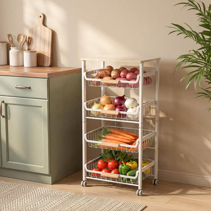 JAQ Slide Out Fruit Vegetable Basket for Kitchen, 4-Tier Rolling Storage Cart with Wooden Handle & Top, Metal Wire Produce Rack for Pantry Organization, Onion Potato Storage Bins for Small Space,White