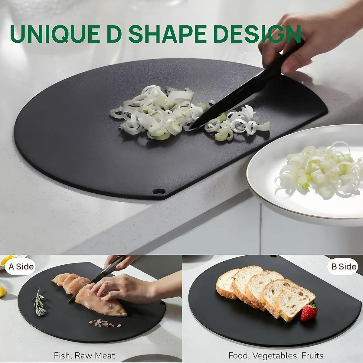 TPU Cutting Boards, Flexible, Non-slip Chopping Boards for Kitchen, Knife-Friendly & Dishwasher Safe Cutting Mat for Meat, Vegetables & Fruits (2PCS, Gray/Black-D Shape)