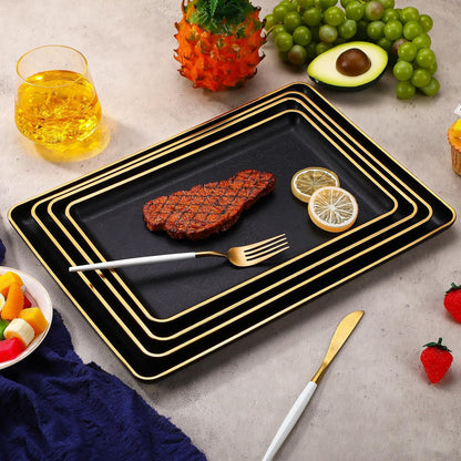 Rtteri Set of 4 Large Serving Platter Set 15/14/13/12 Inch Heavy Plastic Serving Trays Unbreakable Rectangular Platter Reusable Wood Grain Tray for Buffet Wedding Christmas Party(Black and Red)