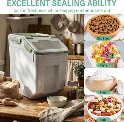 Sunnyray 4 Pcs 55 lbs Grain Rice Storage Container Flour Bin with Wheels Cup Leak Proof Pet Food Storage Boxes Seal Locking Lid Plastic Rice Containers Set for Cereal Flour Cat Dog Food (Green)