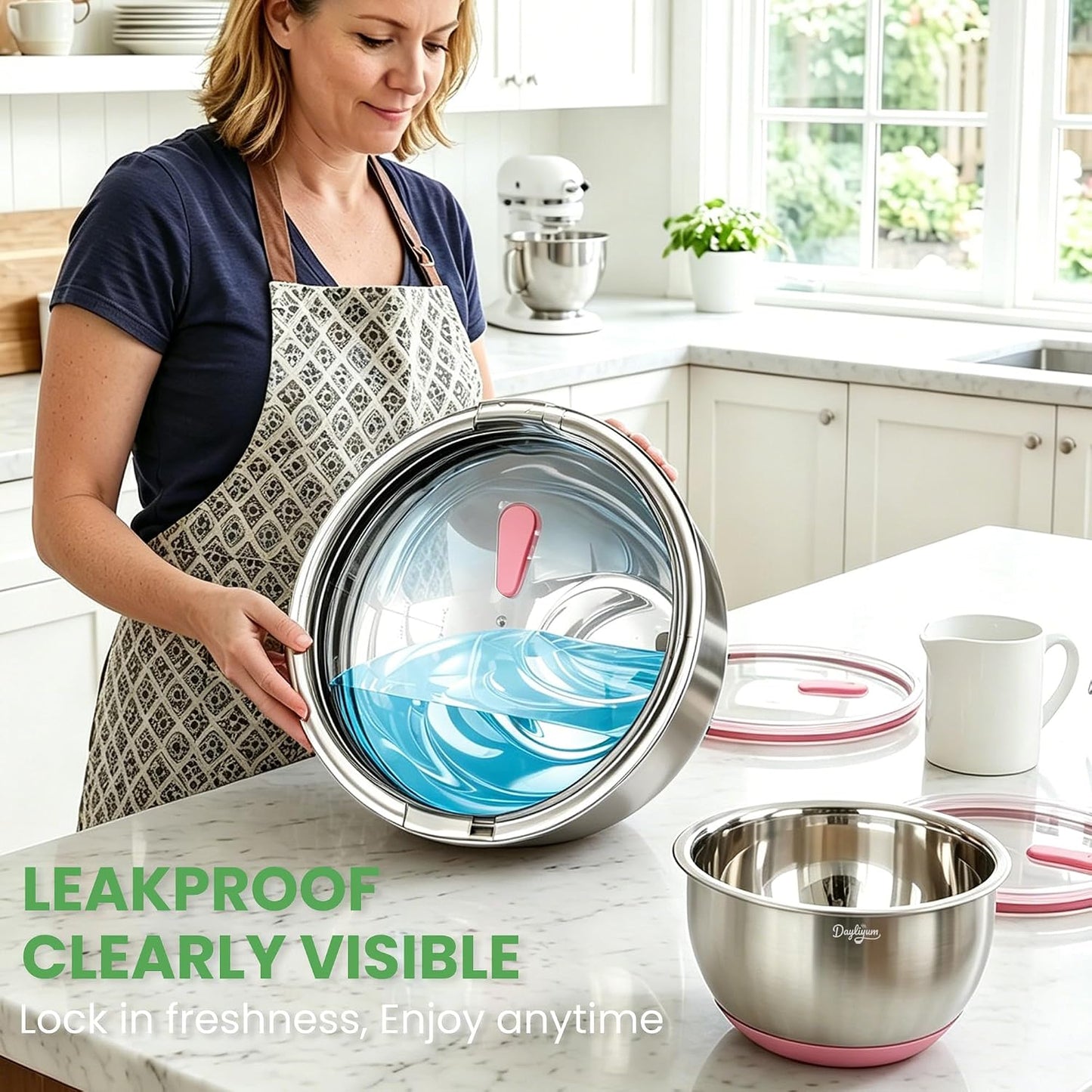 Mixing Bowls with Airtight Lids, Stainless Steel Nesting Bowl Set with Clear Lids & Valve, 3 Essential Sizes (1.5/3/5 QT), Measurement Marks, Non-Slip Silicone Base, Food Prep & Fridge Storage, Black
