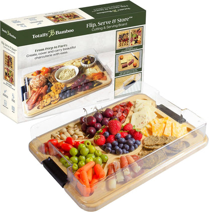 Totally Bamboo Flip, Serve & Store Charcuterie Board with Lid, Reversible Bamboo Cutting Board and Portable Cheese Tray with Compartments, Locking Travel Cover, 15.5 x 11.5 Inches