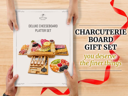 Zulay Kitchen Premium Bamboo Charcuterie Board - Extra Thick Bamboo Board with 4 Piece Knife Set - Perfect for Charcuterie, Wine and Cheese