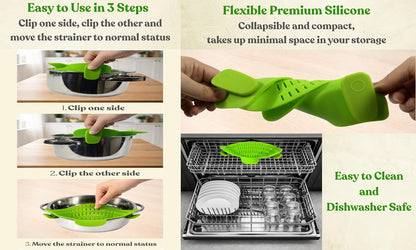 Clip On Strainer Silicone for Pots and Pans, Universal Fit Pasta Strainer and Pot Colander, Space Saving Food Drainer with Collapsible Funnel and Garlic Peeler, 3 Pcs Set, Gray