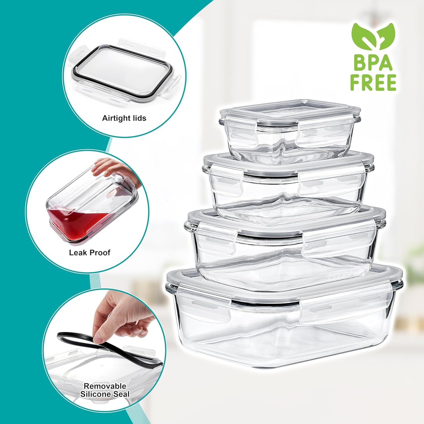 Sorbus 16pc (8 Rectangular 35oz Food Storage Containers and 8 Airtight Lids) – 4.4 Cup Glass Meal Prep Containers, Dishwasher, Freezer, and Oven Safe – Reusable Glass Food Containers for Meal Prep