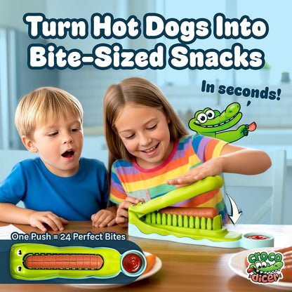 CrocoDicer: Fun Hot Dog Cutter That Lets Kids Cut Their Own Hot Dogs Safely. One Press = 24 Bites. Even Picky Eaters Will Love Dinner Time. 100% Kid and Crocodile Safe (Not Approved by Alligators).