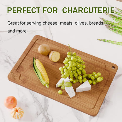 Bamboo Cutting Boards for Kitchen, Wood Cutting Board Set with Juice Grooves & Built-in Handles, Large Medium Small Chopping Board for Meat, Vegetables, Fruit
