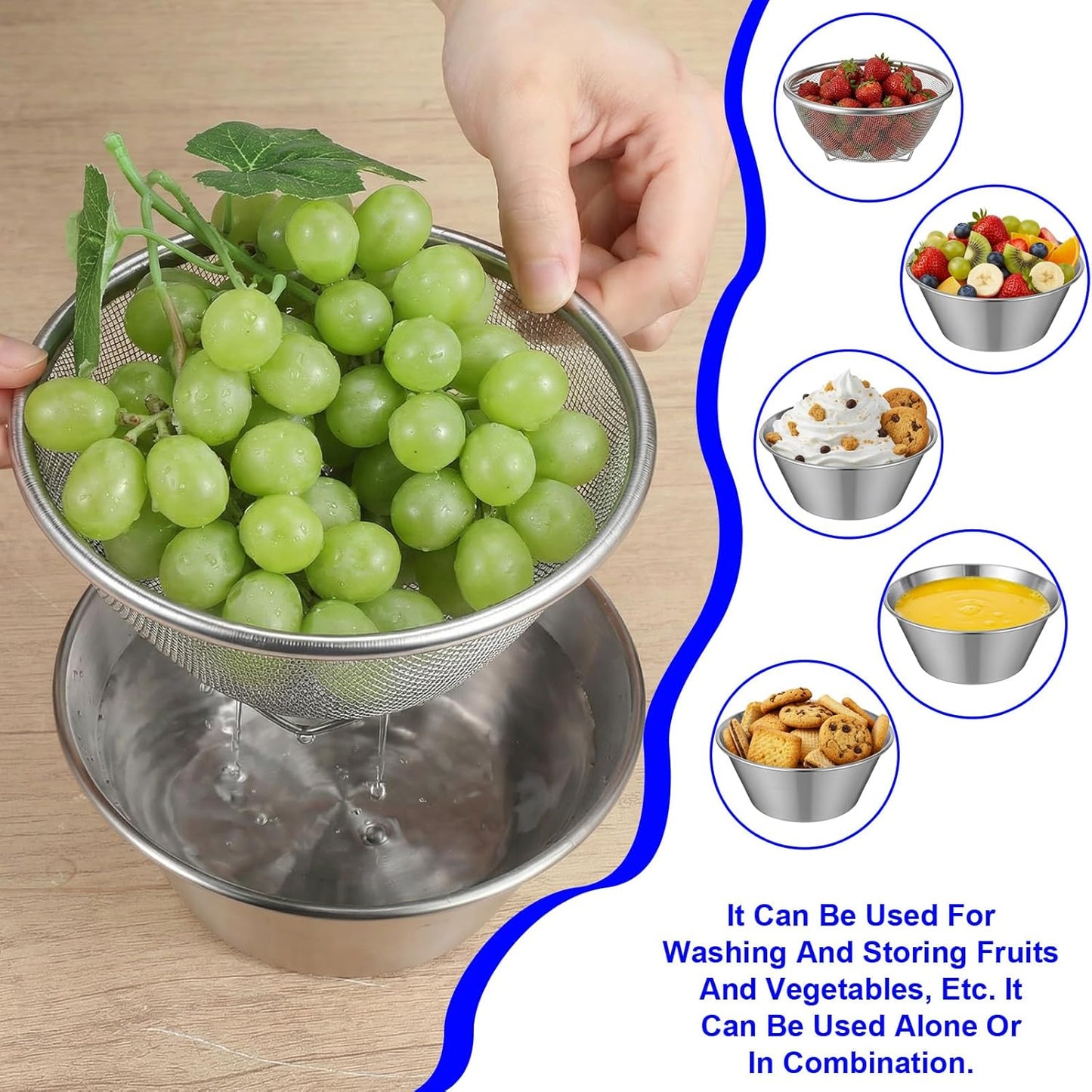 2 Sets Mini Colander & Food Strainer, 4 Pcs Total 304 Stainless Steel Small Mixing Bowls for Kitchen, Draining Rice Pasta, Washing Fruit Vegetables, Salad Prep (5.51 x 2.36 Inches, Silver)