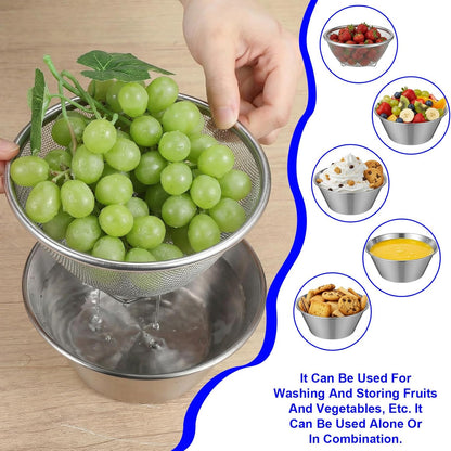 2 Sets Mini Colander & Food Strainer, 4 Pcs Total 304 Stainless Steel Small Mixing Bowls for Kitchen, Draining Rice Pasta, Washing Fruit Vegetables, Salad Prep (5.51 x 2.36 Inches, Silver)