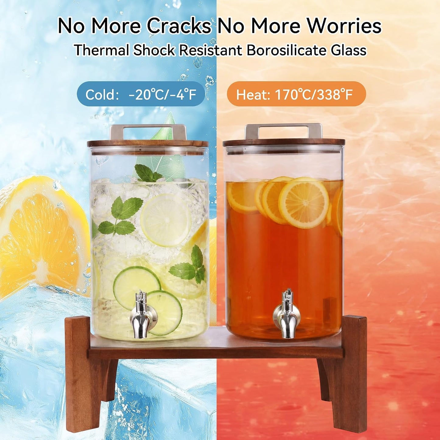 2 Pack 1 Gallon Drink Dispensers for Parties, Glass Drink Dispenser, Beverage Dispenser with Acacia Wood Lid & Stand, Lemonade Dispenser with Stainless Steel Spigot, Water Dispenser for Juice Tea