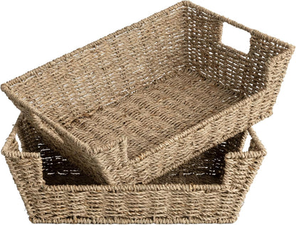 StorageWorks Round Paper Rope Woven Basket for Pantry Organizers and Storage, Stackable Pantry Storage Baskets for Shelves, Brown, 2-Pack