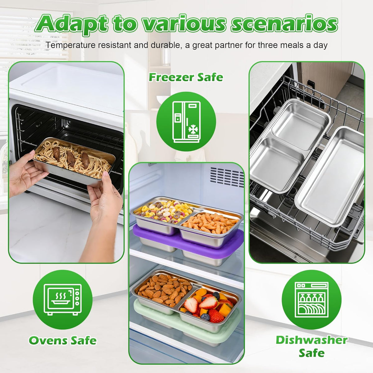 4 Pack Stainless Steel Snack Containers Set, Mixed Single & 2 Compartment Bento Boxes with Silicone Lids, Leakproof Food Storage for Meal Prep, Lunch, Travel, Picnic, Camping, Kitchen Organization
