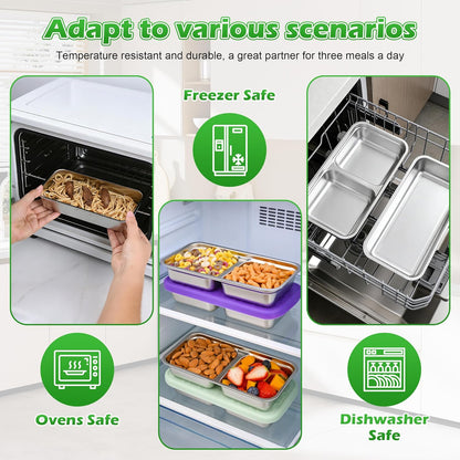 4 Pack Stainless Steel Snack Containers Set, Mixed Single & 2 Compartment Bento Boxes with Silicone Lids, Leakproof Food Storage for Meal Prep, Lunch, Travel, Picnic, Camping, Kitchen Organization