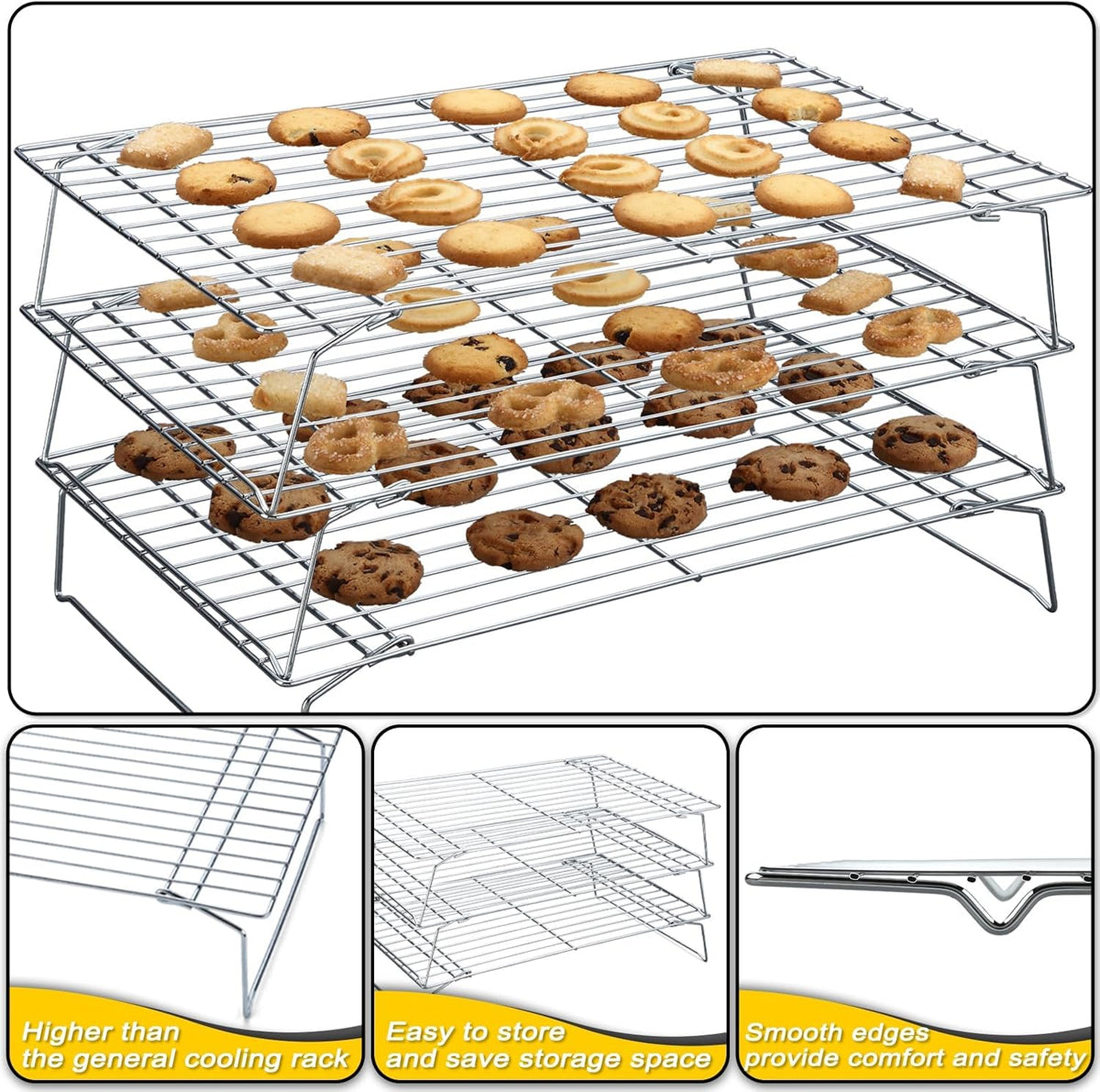 Hunnycook 15.8”×9.8” Cooling Rack, 3P Stainless Steel Baking Rack, Oven Safe Cooling Racks for Cooking and Baking, Black Roasting Rack & Wire Rack & Cookie Cooling Rack for Roasting, Grilling, Drying