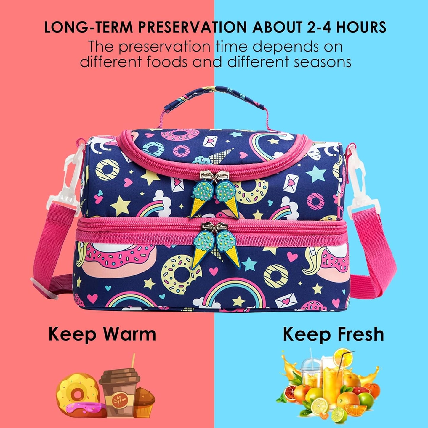 Insulated Kids Dual Compartment Lunch Bags Tote Pack for Girls Boys Toddler Kindergarten School Picnic Cooler Thermal Lunch Boxes with Strap (Green Rainbow)