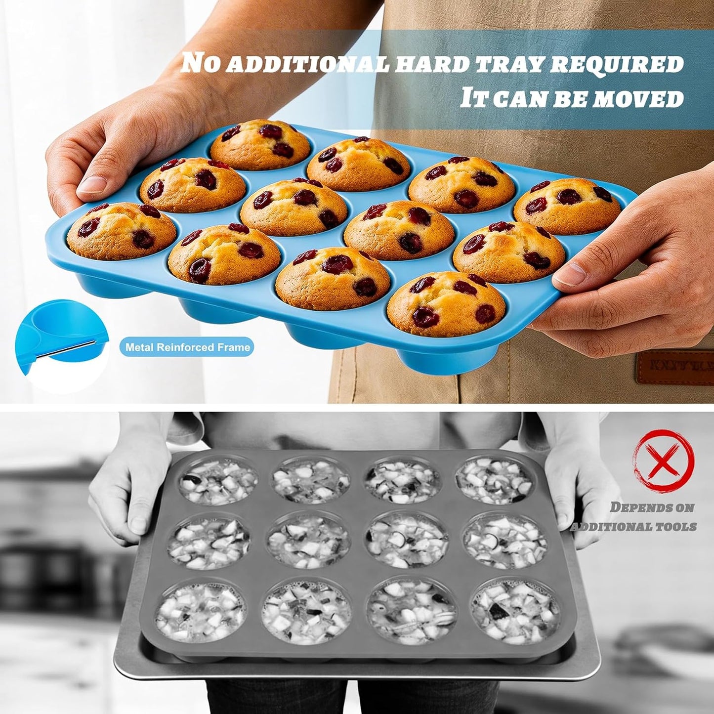 2Pack Silicone Muffin Pans with Metal Reinforced Frame,12 Cup Regular Size Silicone Cupcake Pan,Muffin Tin,Nonstick Cupcake Baking Molds for Muffins,Cupcakes,Egg Bites,BPA Free (2Pack Red)