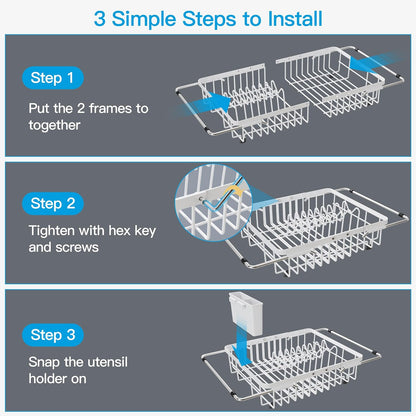 JASIWAY Dish Drying Rack in Sink, Expandable Stainless Steel Dish Drainers for Kitchen Counter, Dish Dryer Rack for Inside Sink, Over The Sink Dish Racks with Utensil Holder, Silver