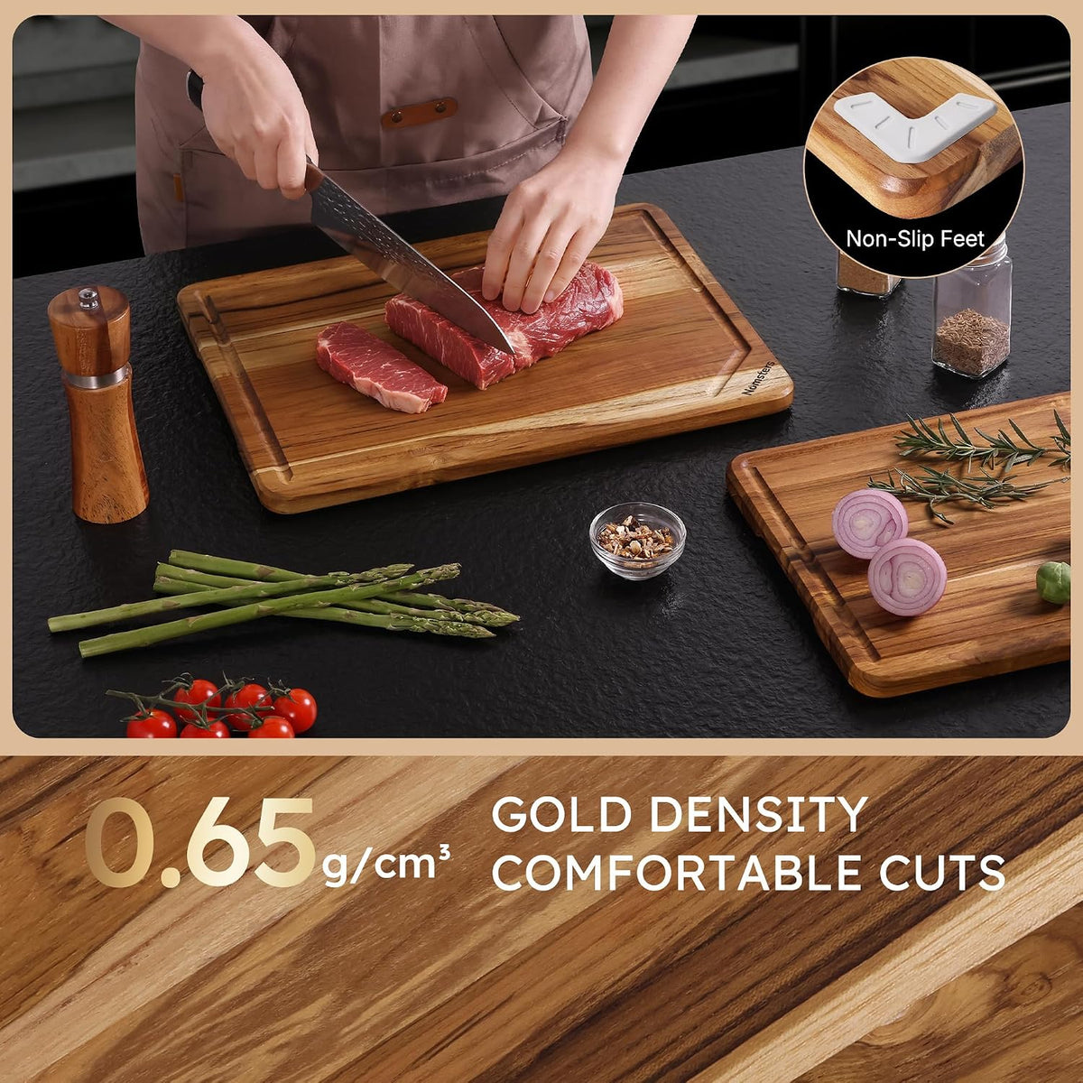 3 Pack Teak Wood Cutting Board Set with Holder Non Slip Over Sink Wooden Chopping Board for Fresh Meat Vegetable Thick Haus Perfect for Charcuterie Juice Groove Kitchen Accessories - FSC Certified