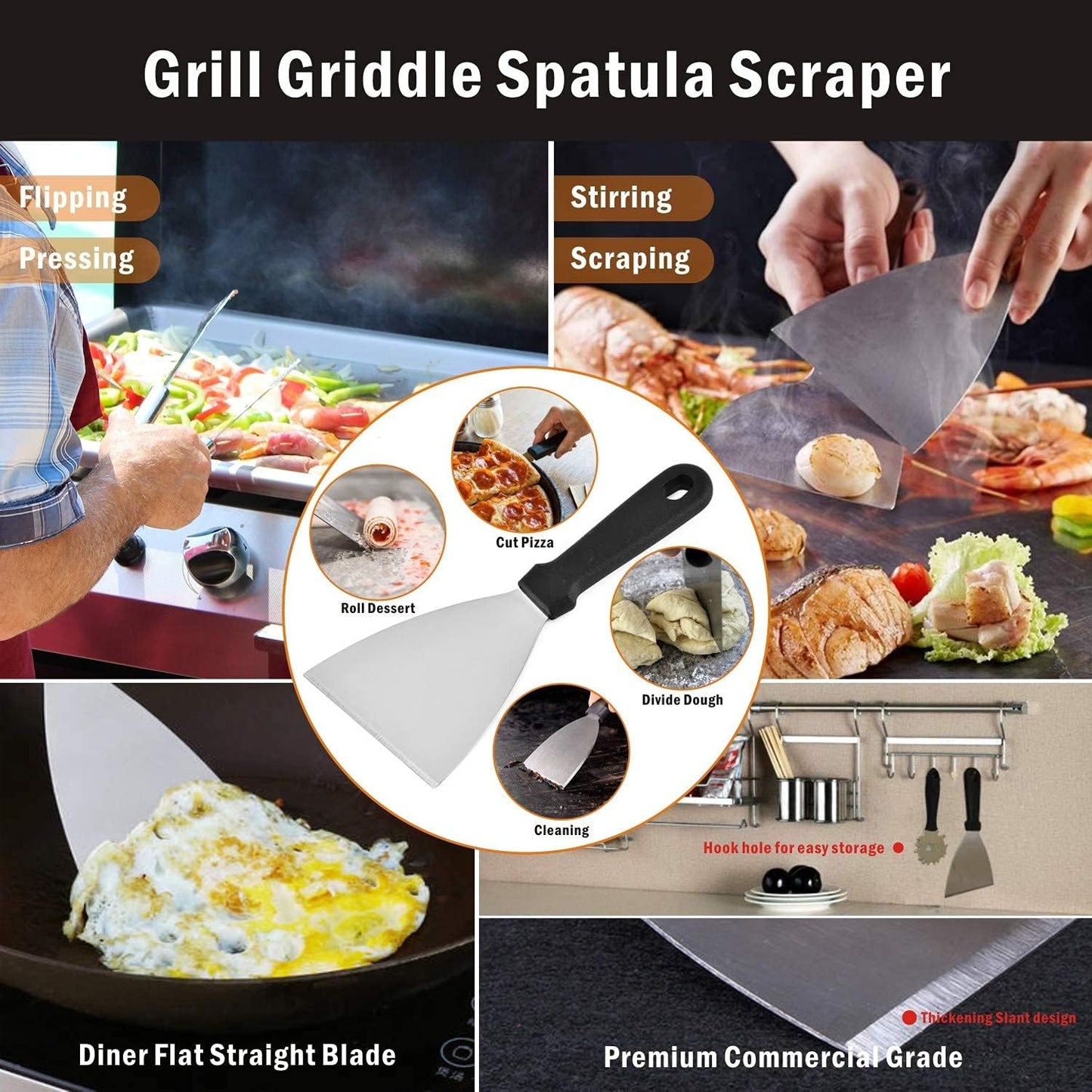 Grill & Griddle Scraper,2pcs Sturdy BBQ Grate Cleaning Tool,Stainless Steel Grill Brush Non-bristles Slant Edge Grill Scraper-Includes Bottle Opener,Perfect Barbecue Grill Accessories