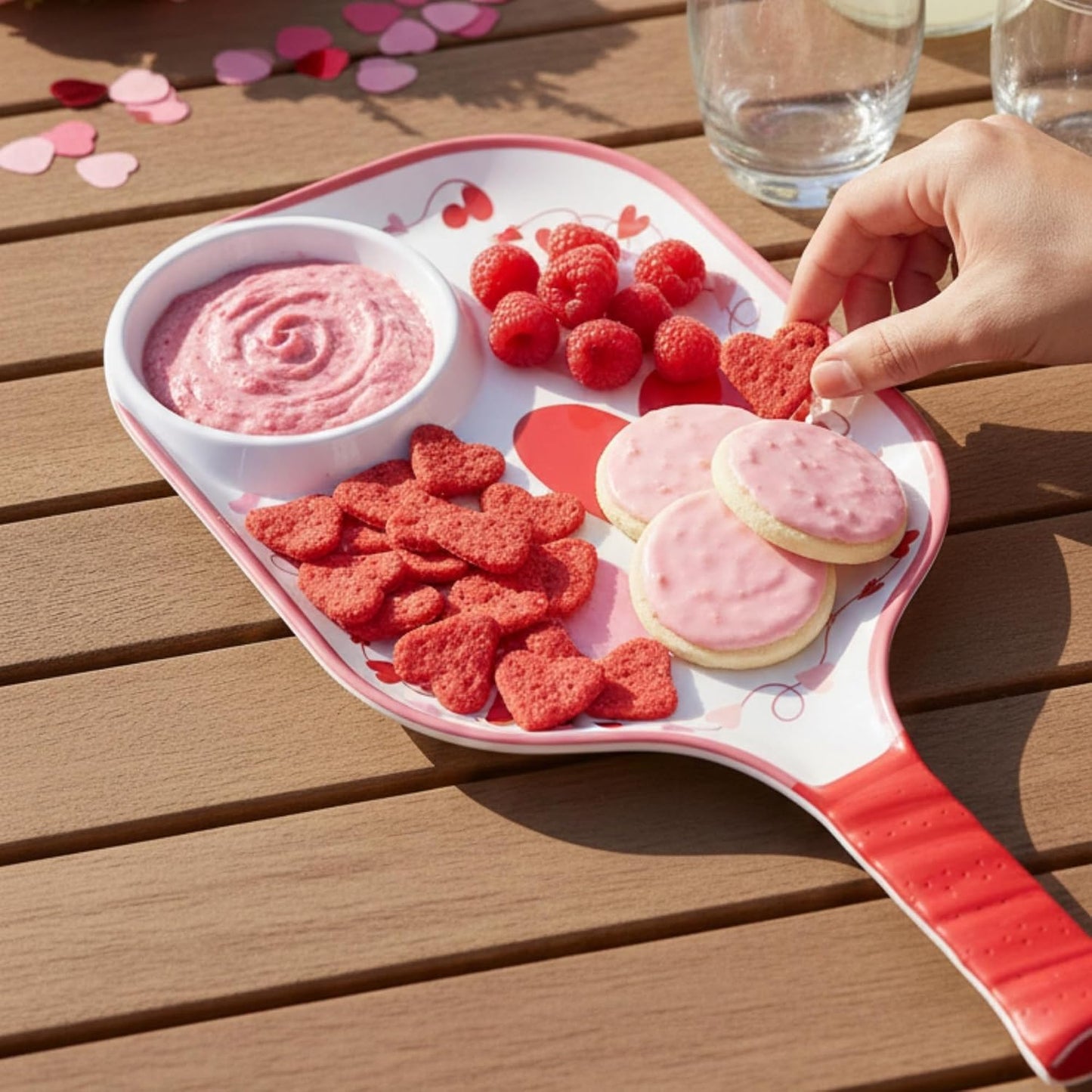 UPware Watermelon Melamine Chip and Dip Snack Tray, Summer Fruit Pickleball Paddle Shape Platter for Chips, Salsa, Fruits, and Appetizers, 15.75 x 8 Inch