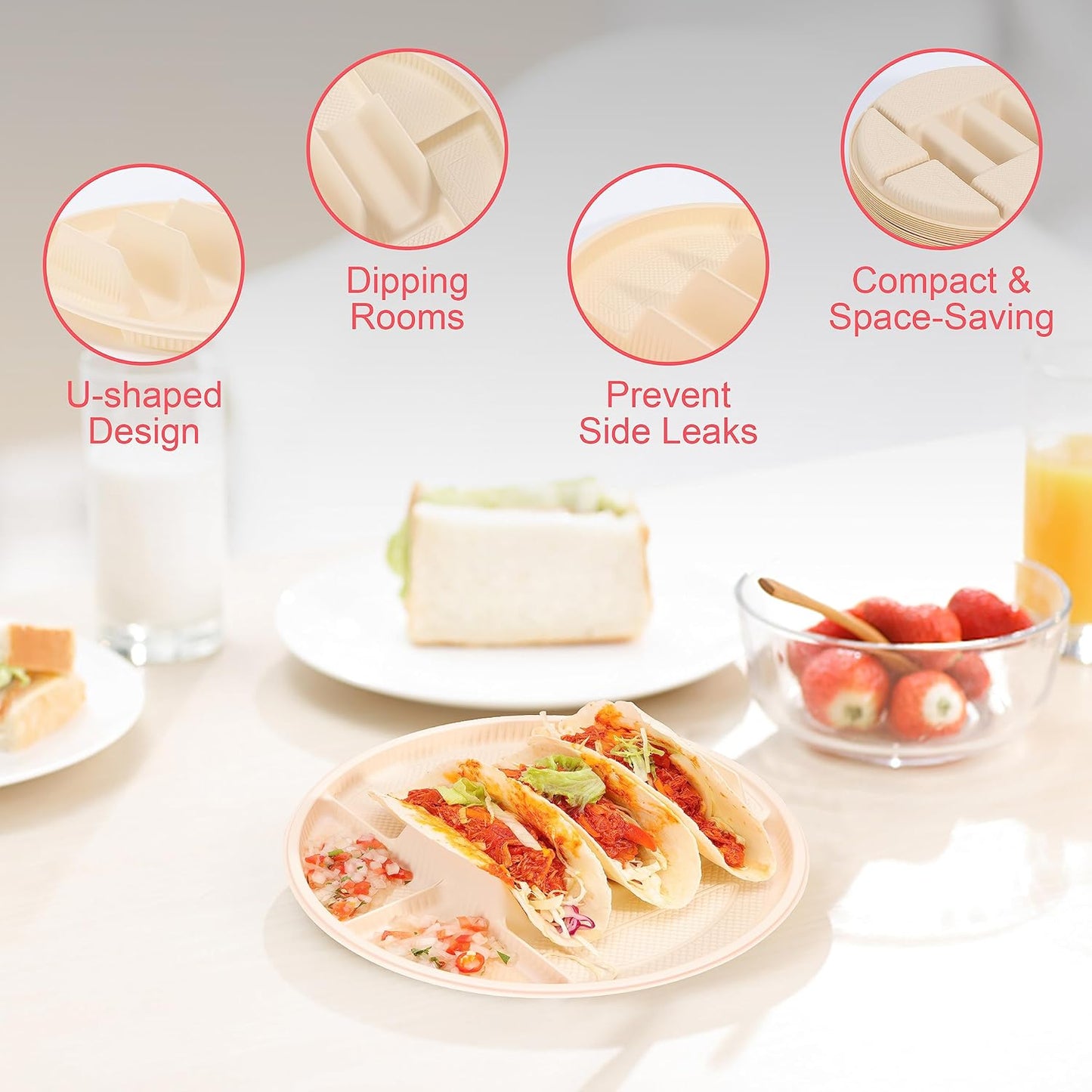 Small Disposable Taco Plates With Dipping Sides - 50 Pack, Biodegradable Cornstarch Taco Holder, Mini Size Fit 4-6 Inch Street Tortilla Shells, Sturdy & Microwave Safe, Bar Serving Set For A Party