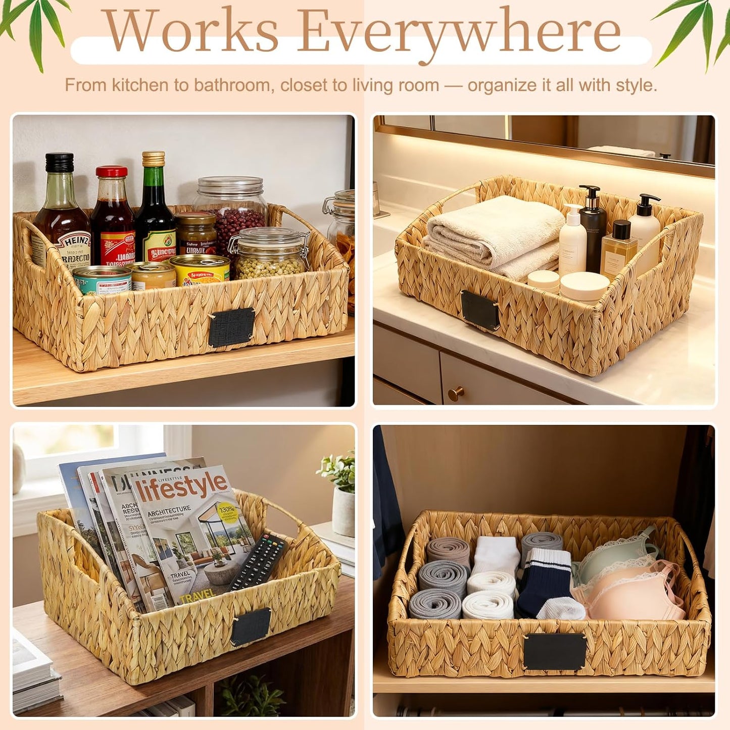 3 Pack Handwoven Water Hyacinth Storage Baskets with Handles & Chalkboard Labels, Wicker Bins for Pantry Kitchen Bathroom