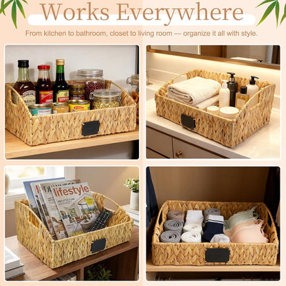 3 Pack Handwoven Water Hyacinth Storage Baskets with Handles & Chalkboard Labels, Wicker Bins for Pantry Kitchen Bathroom