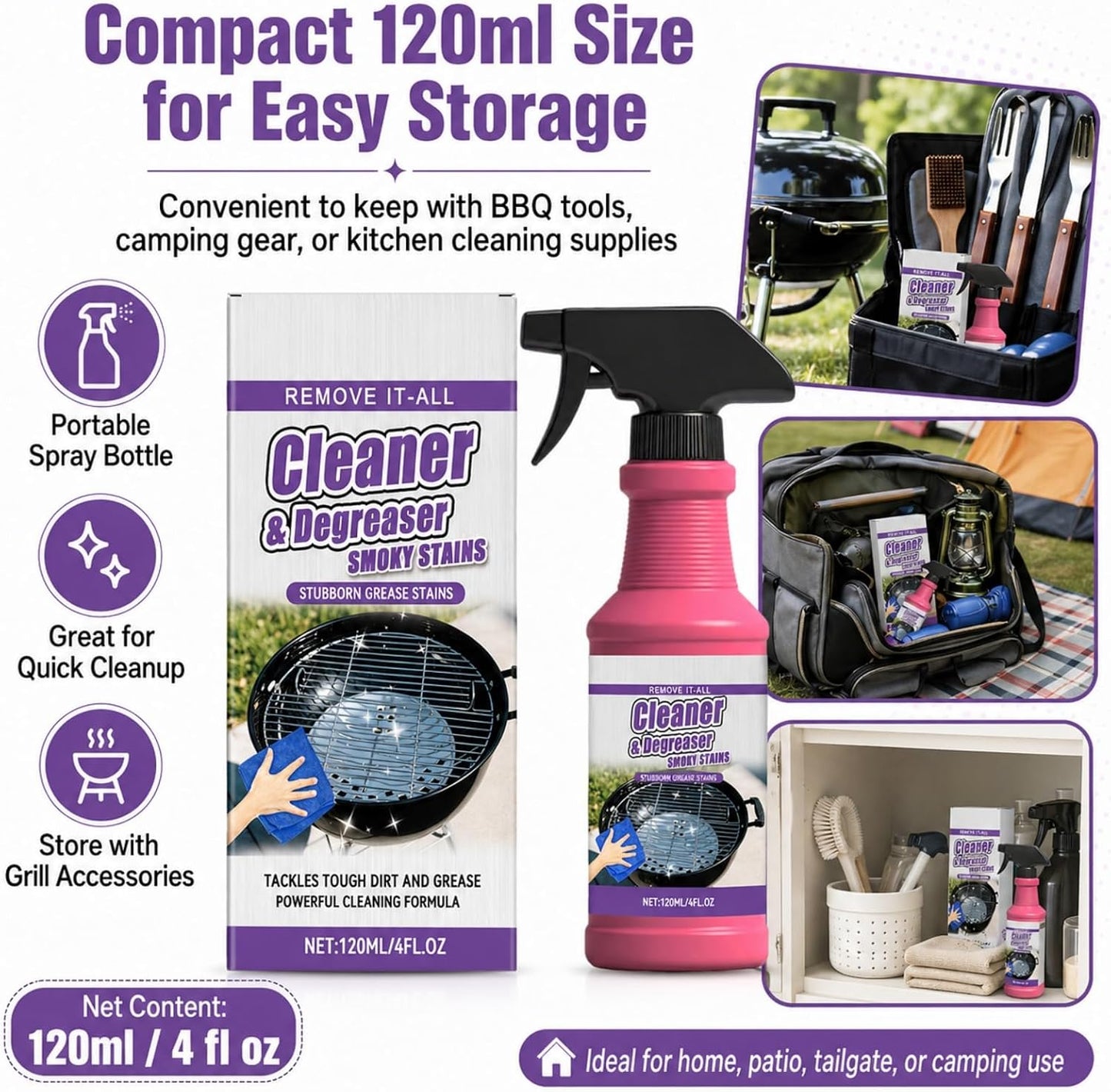 Cleaner and Degreaser for Grill, Fast-Acting Heavy-Duty Grill Degreaser Spray, BBQ Grill Cleaner for Outdoor Grills, Grease Remover for Grates, Smoky Stains and Kitchen Cleaning (3 PCS)