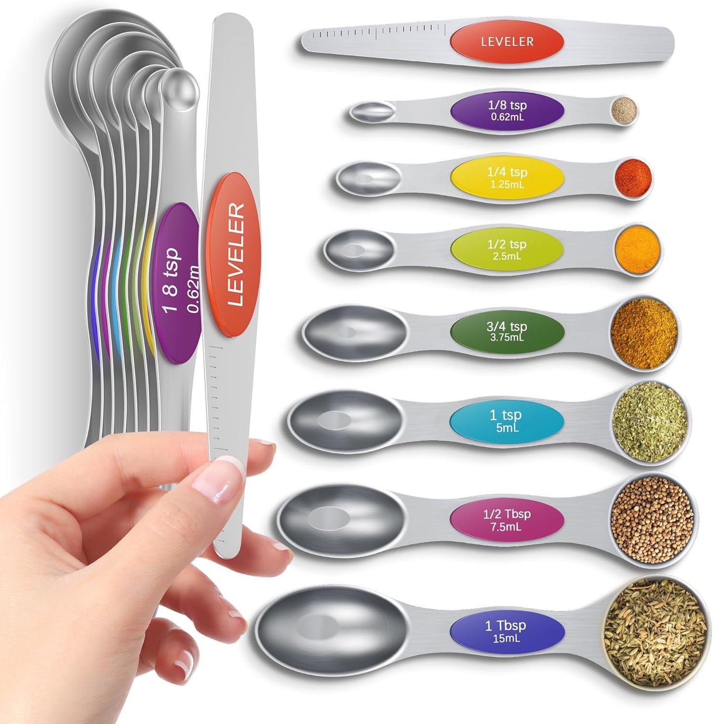 Magnetic Measuring Cups and Spoons Set304 Stainless Steel Dual Scale Set of 15, Strong N52 Magnetic Nesting Design with Leveler, for Dry&Liquid Ingredients, Dishwasher Safe(Colorful)
