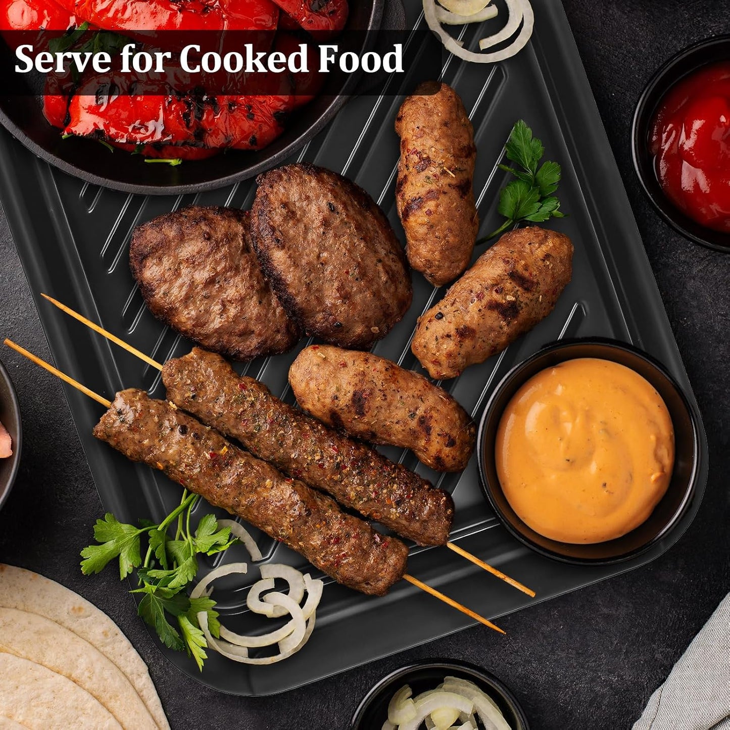 Grilling Prep and Serve Trays, BBQ Platter for Raw and Cooked Food, Melamine Serving Trays for Food, Set of 2, Black and Red, Napkin and Cleaning Clothes Included